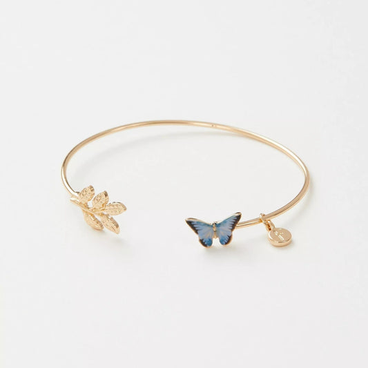 Bracelet avec Breloque Papillon Bleu et Feuille d'Or